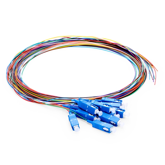 SC UPC to Unterminated Fiber Pigtail, 12 Fibers, Unjacketed Color-Coded, OS2, 0.9mm, 1m (3ft)
