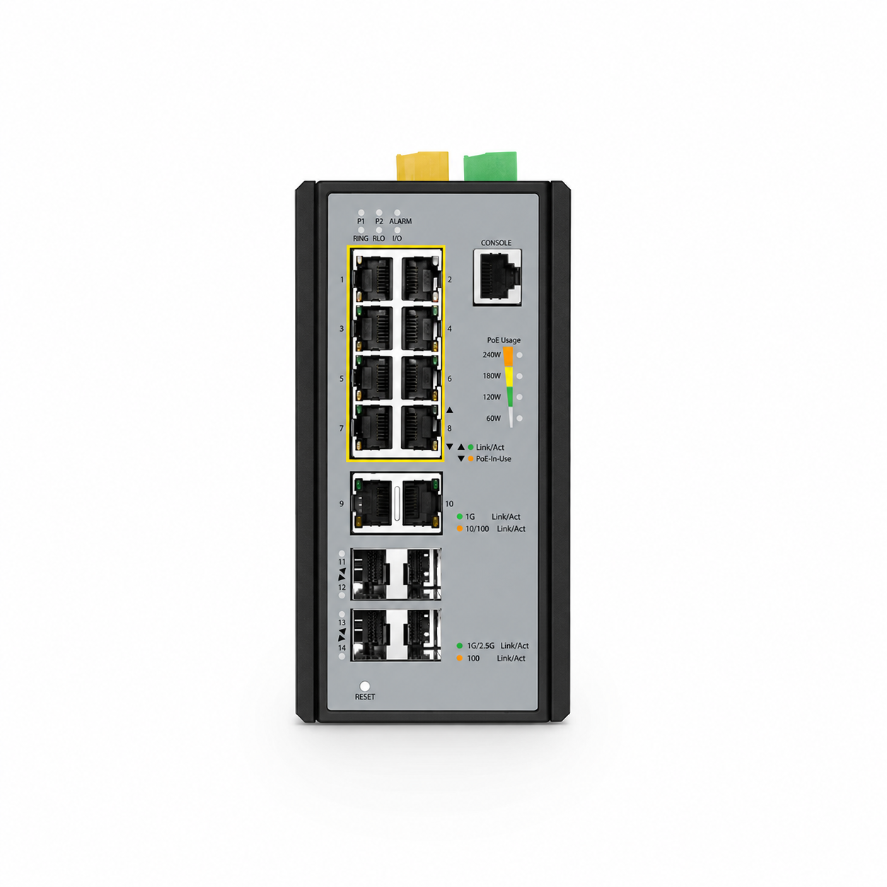 8 x 1Gb RJ45, 2 x 1Gb RJ45, 2 x 1Gb SFP, 2 x 1/2.5Gb SFP, L2+ Managed Industrial PoE+ Switch