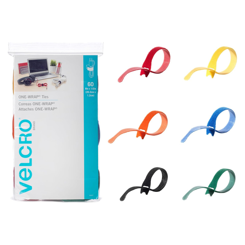 VELCRO® Brand ONE-WRAP® Straps 1/2" x 8", 60Pcs/Pack, Assorted Colors