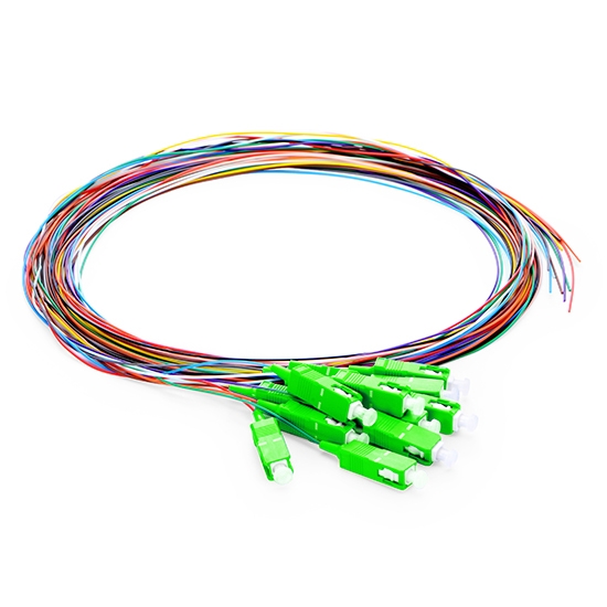 SC APC to Unterminated Fiber Pigtail, 12 Fibers, Unjacketed Color-Coded, OS2, 0.9mm, 1m (3ft)